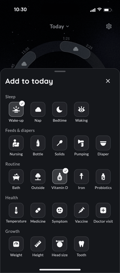 Add to today: sleep, feeds and diapers, routine, health and growth