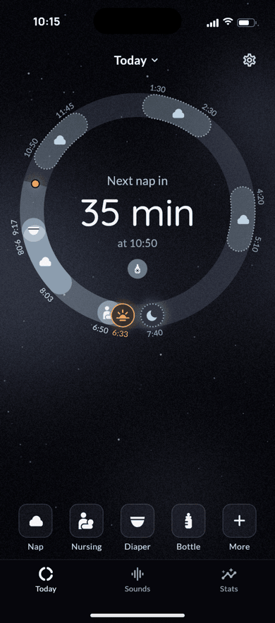 The day as a ring: naps planned around it, and the next nap in 35 minutes, at 10:50