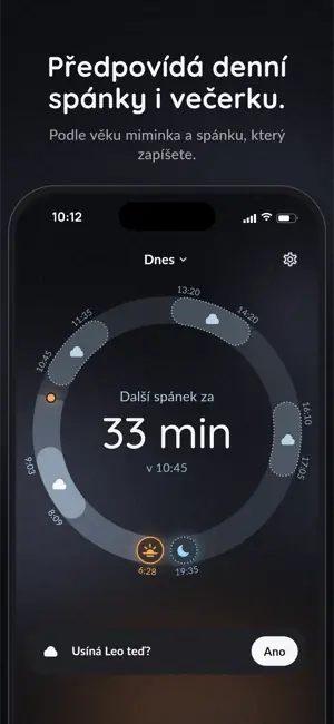 Předpovídá denní spánky i večerku. Podle věku miminka a spánku, který zapíšete.