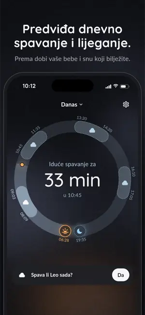 Predviđa dnevno spavanje i lijeganje. Prema dobi vaše bebe i snu koji bilježite.