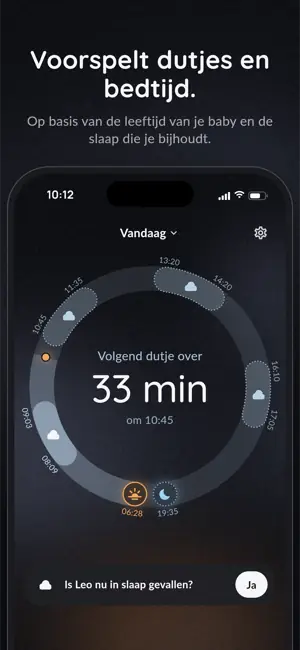 Voorspelt dutjes en bedtijd. Op basis van de leeftijd van je baby en de slaap die je bijhoudt.