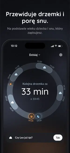 Przewiduje drzemki i porę snu. Na podstawie wieku dziecka i snu, który zapisujesz.