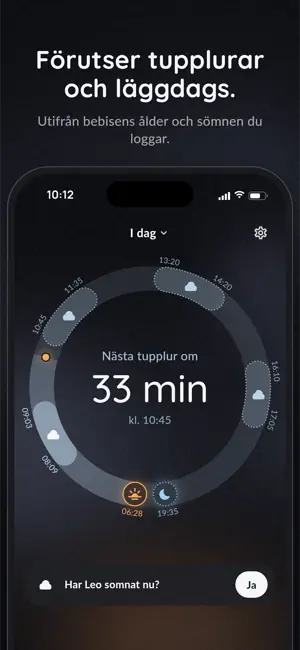 Förutser tupplurar och läggdags. Utifrån bebisens ålder och sömnen du loggar.
